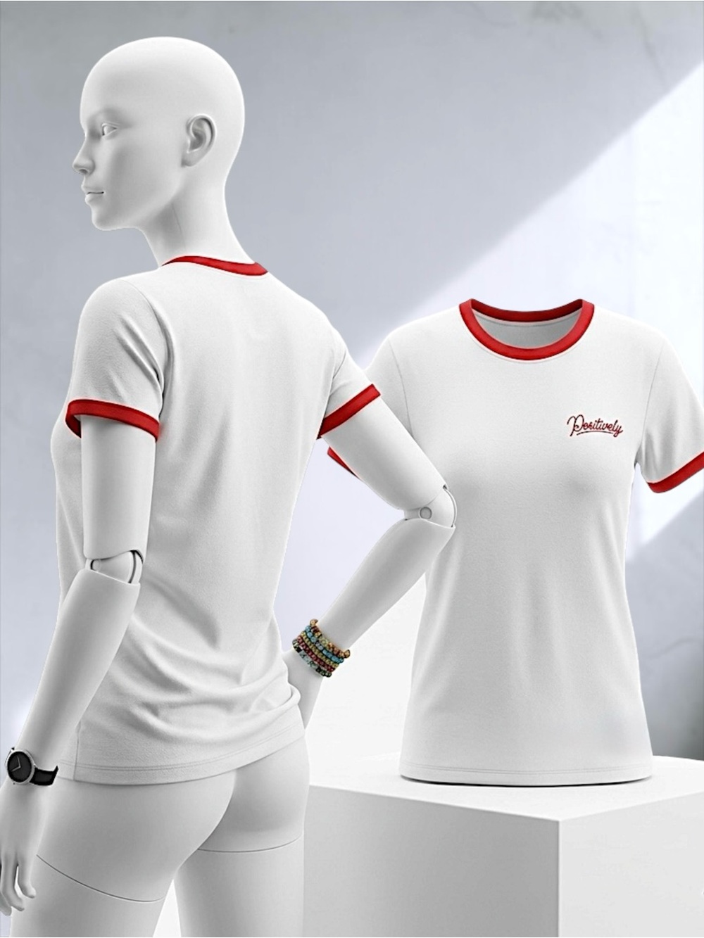 White Ringer Tee with Red Trim and "Positively" Script - Picture 12 of 14